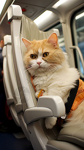 可爱的猫坐在高铁座椅上图片