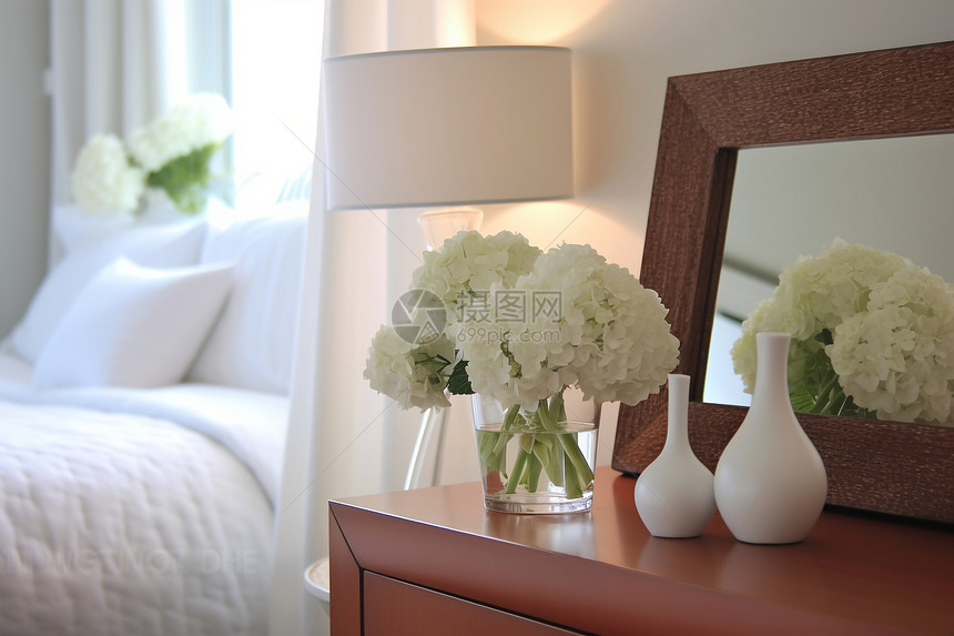 床头柜上的绣球花图片