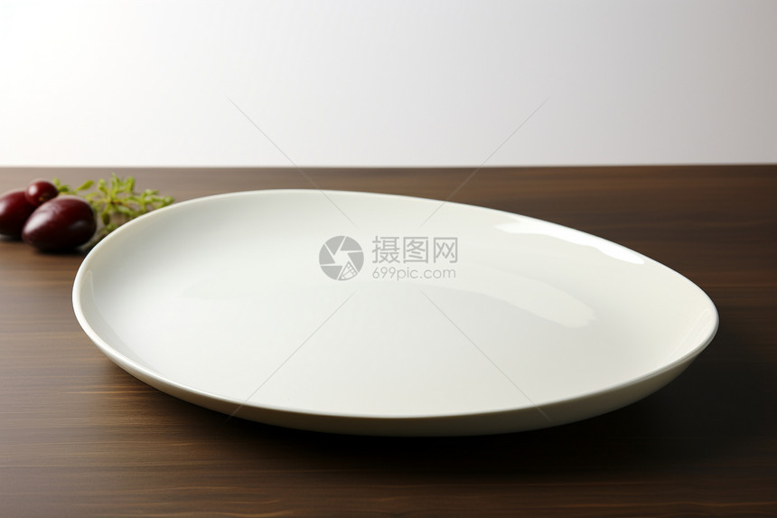 木桌上的白色餐盘图片