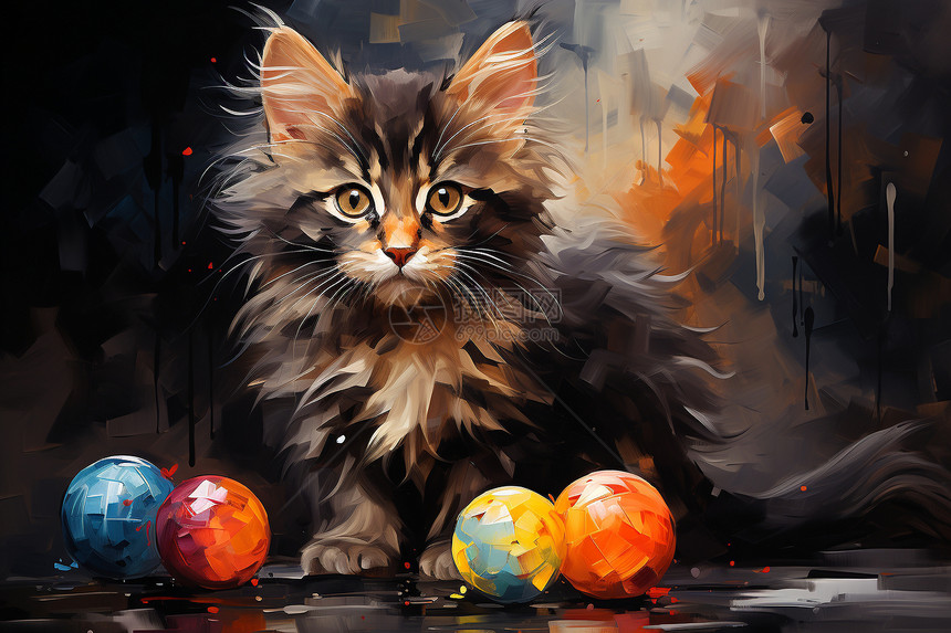 可爱的猫咪和彩色毛线球图片
