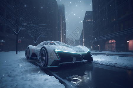 晚上路灯闪亮的街道下雪天停靠的汽车设计图片