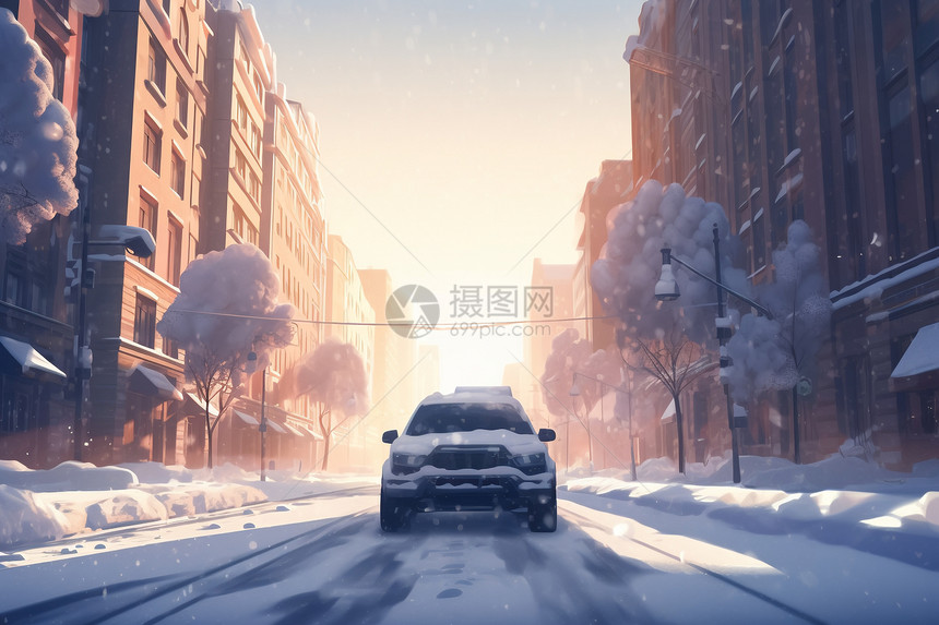 汽车行驶在积雪道路图片