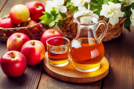 美味苹果汁桌子上的苹果和苹果汁背景