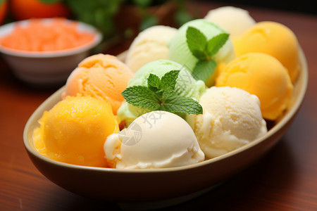 手绘桃子雪糕不同口味的冰淇淋雪球背景