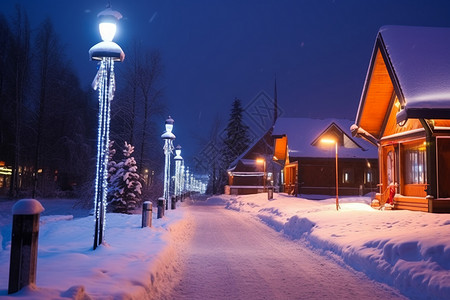 圣诞木屋雪后的村庄背景