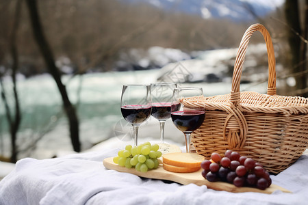 美酒河野餐准备的葡萄美酒背景