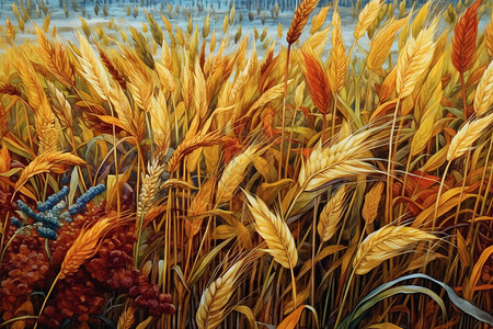 成熟的麦穗一幅写实油画高清图片