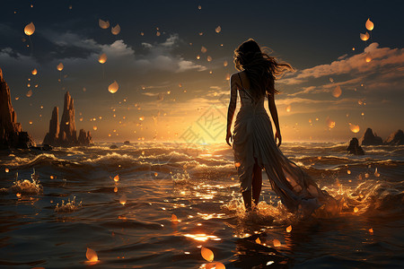 夕阳下的女性背影傍晚走在海边的美女背景插画