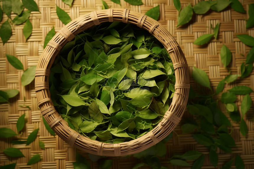 茶园收获的新鲜绿茶图片