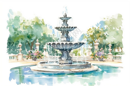户外喷泉公园里的喷泉插画