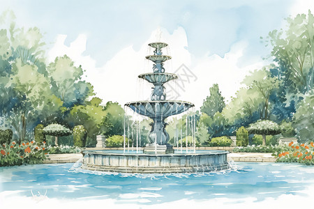 水景公园公园里的喷泉插画