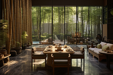 现代中式画环境舒适的中式茶馆背景