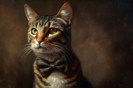 油画带框素材带着领结的猫咪插画