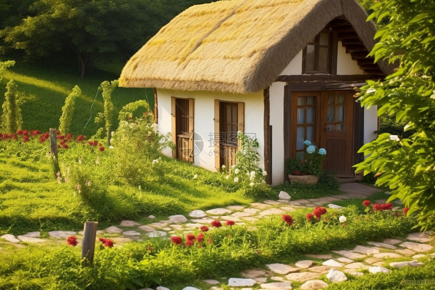 小屋和美丽的花园图片