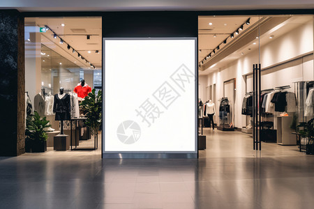 服装店橱窗服装店入口的空白广告牌设计图片