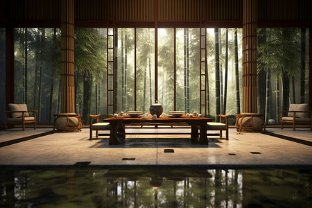 窗外的竹林美景的茶馆背景图片