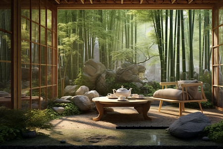 竹桌子竹林边的茶馆设计图片