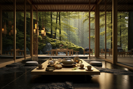 窗外竹林新中式茶馆设计图片