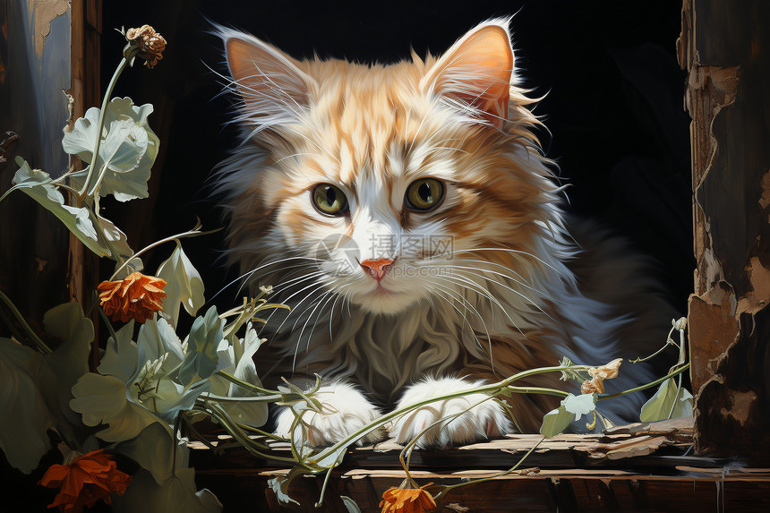 可爱猫咪的油画图片