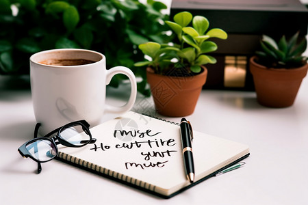 策略手写字体办公桌上的笔记本和咖啡背景
