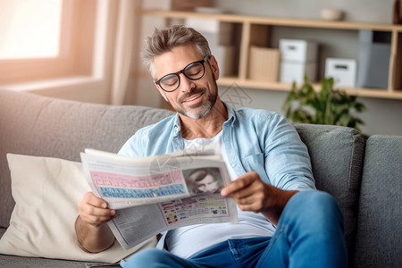 沙发上的男士在读报纸背景图片