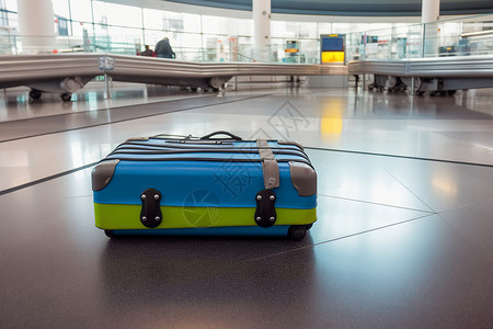 蓝色旅行箱旅行箱在机场候机区背景
