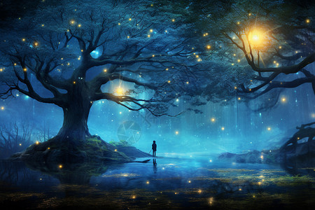 光秃秃的树神秘的魔法森林概念图设计图片