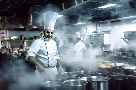 餐厅中专业烹饪的厨师背景图片