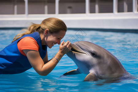 女孩和海豚和海豚互动的工作人员背景