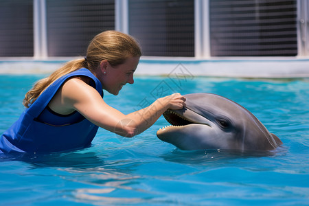 海洋馆和海豚互动的工作人员高清图片