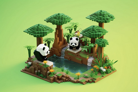 像素素材树林下的玩具熊猫背景