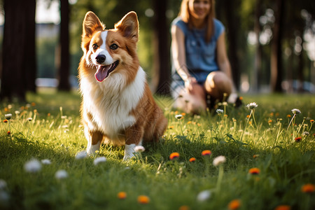 夏季草地上和狗狗玩耍的女孩图片