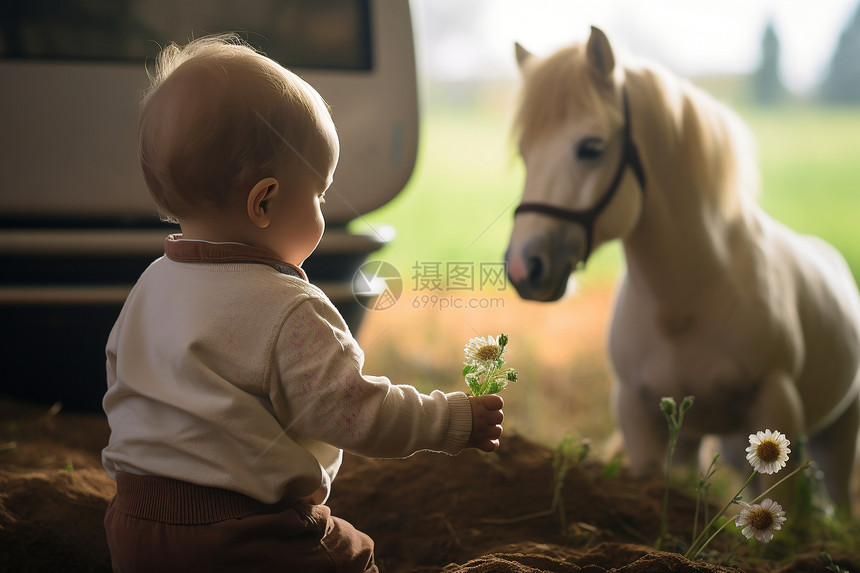 正在喂马的小婴儿图片