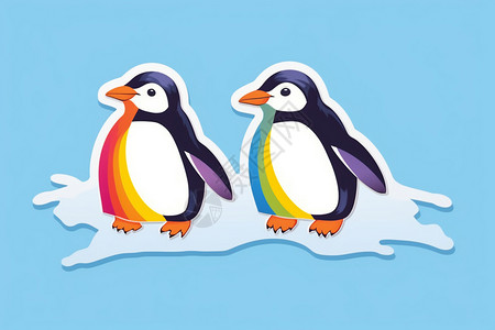 创意彩虹企鹅卡通贴纸背景图片