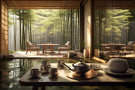 竹林中的新中式茶馆背景图片