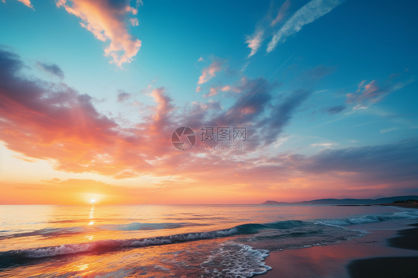 黄昏时度假海滩的景观图片