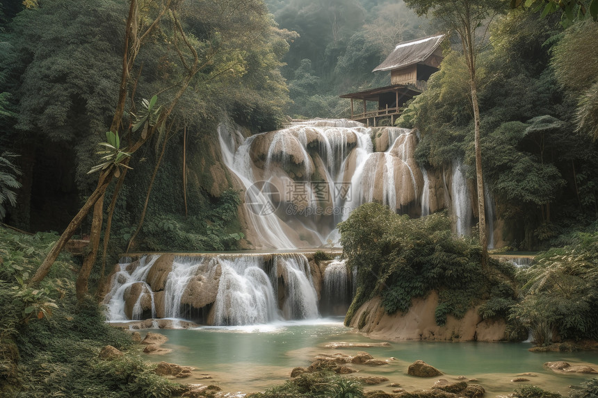 夏天山间的瀑布景观图片