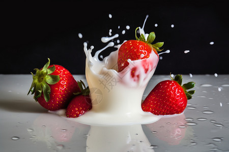 新鲜的草莓飞溅的牛奶设计图片