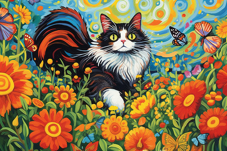 花园里的猫咪艺术插图背景图片