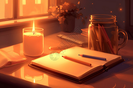 书桌上的本子和蜡烛高清图片