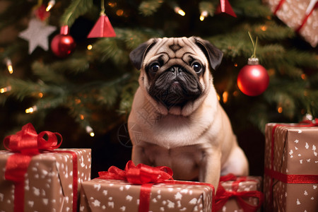 圣诞树下的小狗图片
