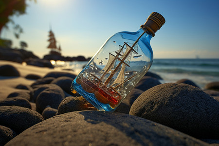 岸上黑天鹅海岸上的玻璃瓶设计图片