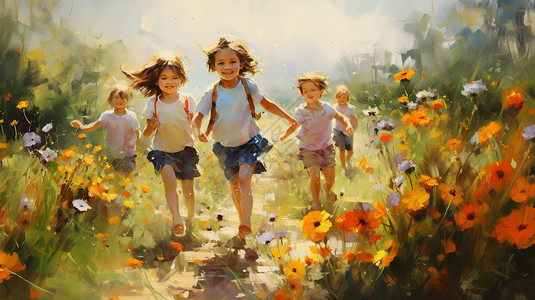 奔跑在花丛中的小孩背景图片