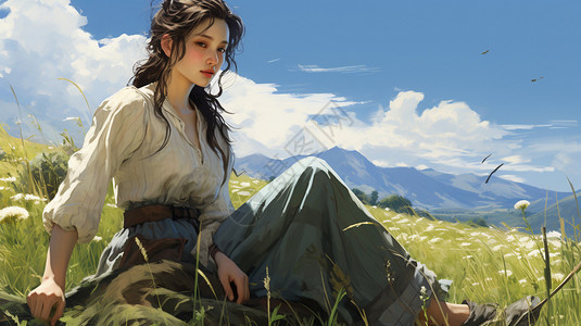 草原上的中国女孩中午背景图片