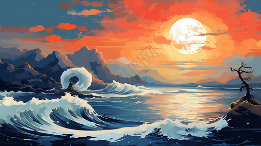 海浪翻滚的风景画图片