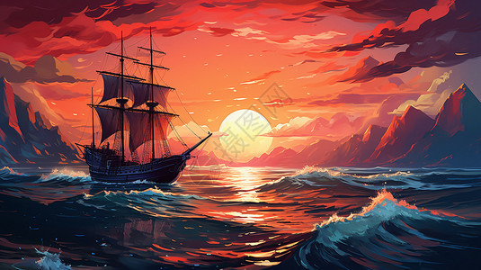 帆船远去的风景画背景图片
