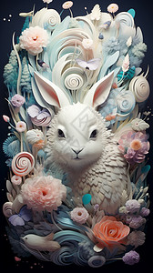 绽放未来花丛中的小白兔插画
