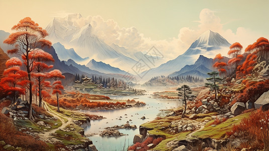 雪山湖泊水墨画背景图片