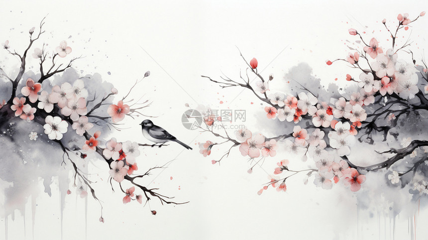 鸟语花香的水墨画图片