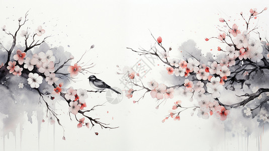 鸟语花香的水墨画背景图片